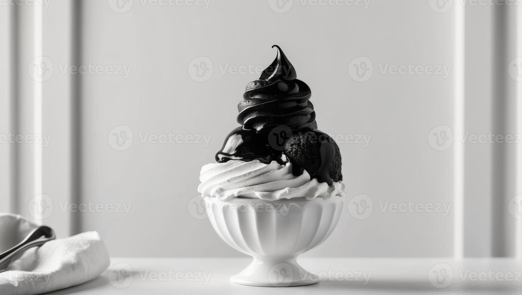 Decadent black ice cream sundae with whipped cream. photo