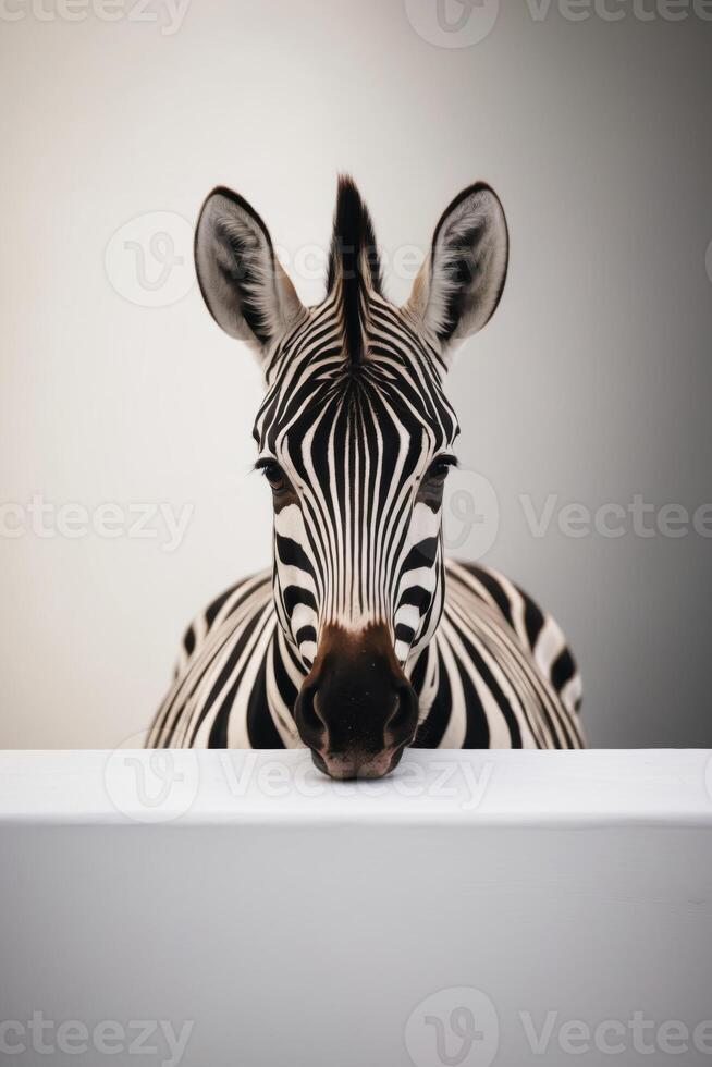 Curious Zebra Peeking Over a White Surface. photo