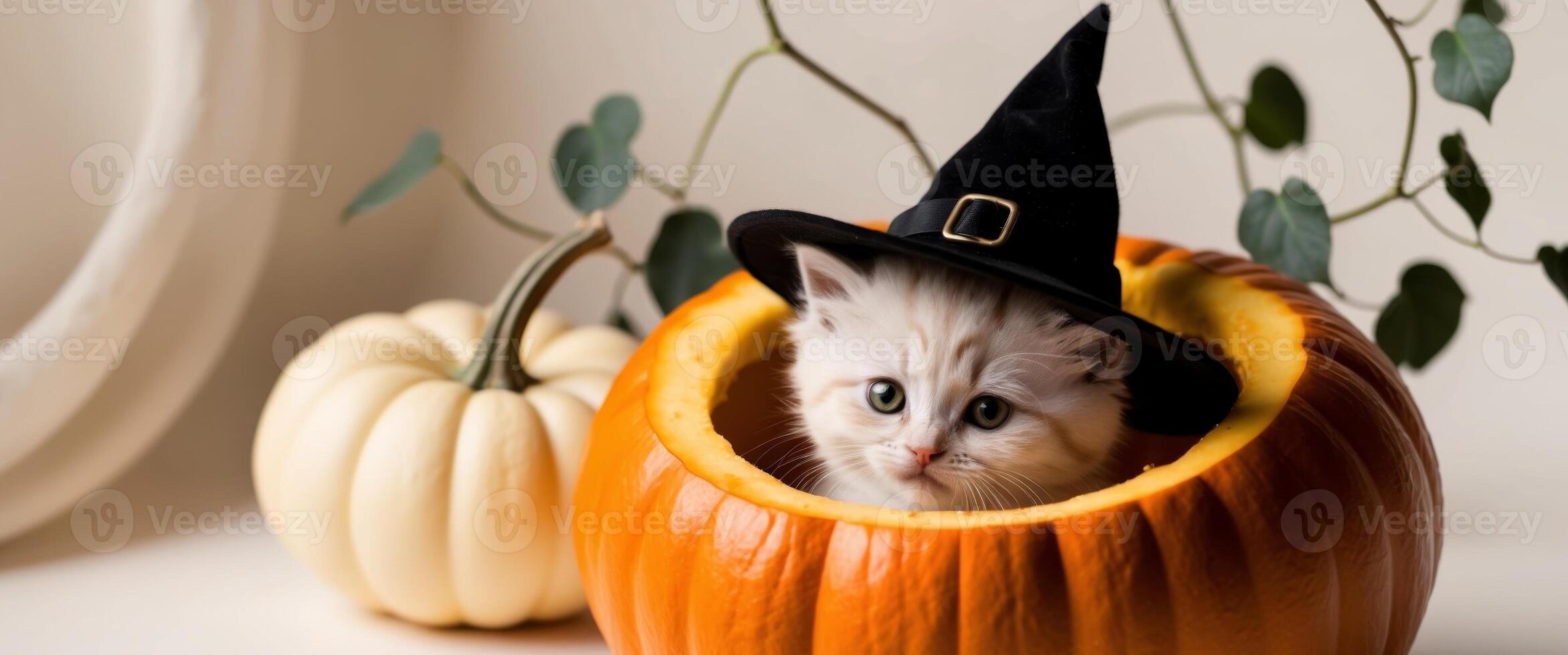 Cute Kitten in a Witch Hat Inside a Pumpkin. photo