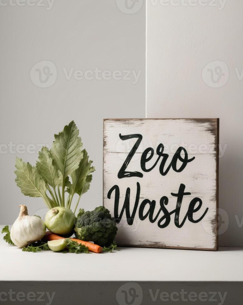 Zero Waste concept image with vegetables skin and faded greens next to a sign with written Zero Waste. photo