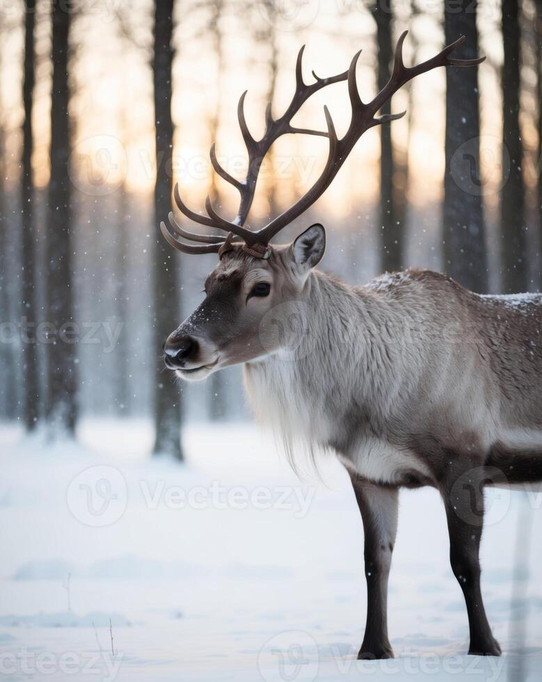 Reindeer in a Snowy Forest at Golden Hour. photo