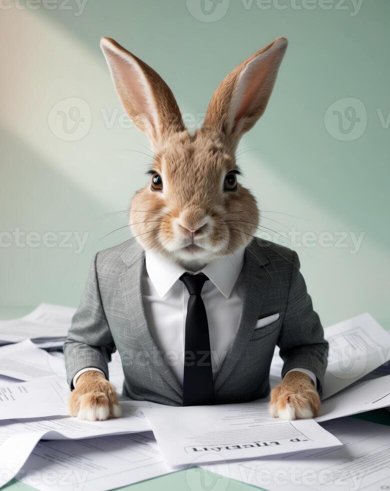 Stressed Business Rabbit in Stylish Suit Surrounded by Paperwork on a Pastel Green Background. photo