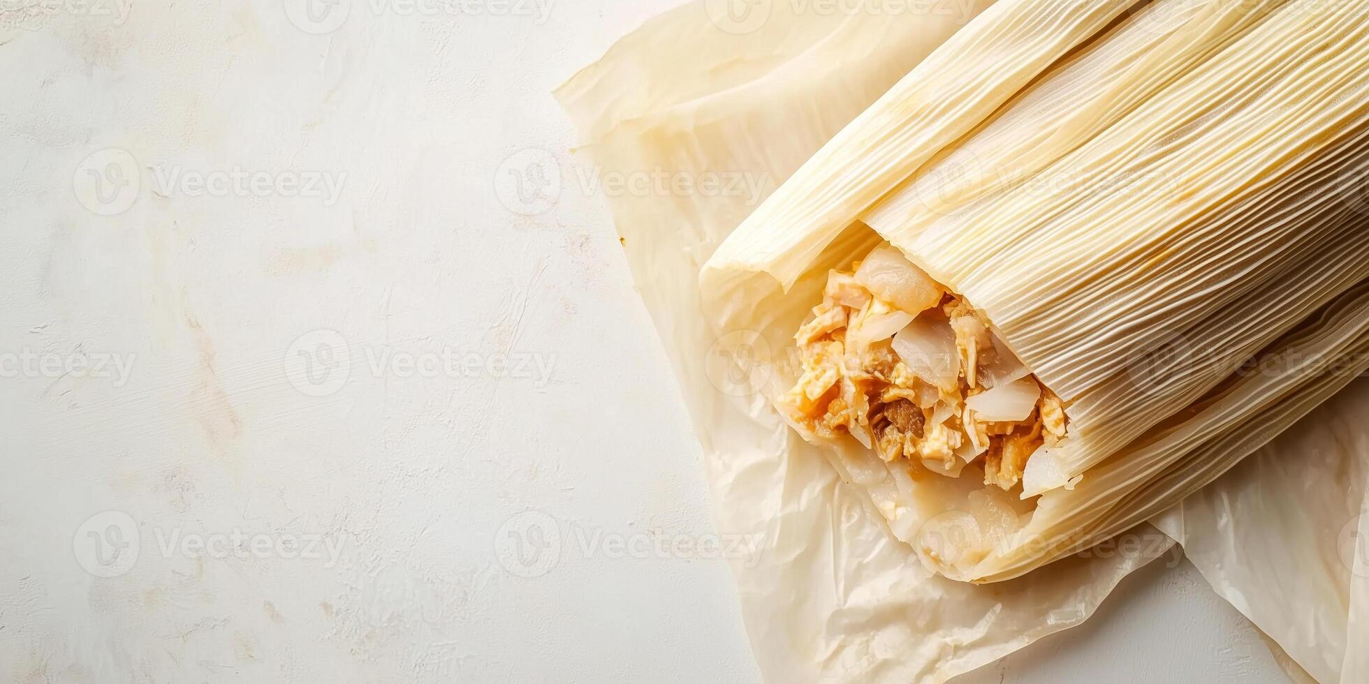 Close-up of a tamale being unwrapped, with the filling partially visible, on a plain background, food photography photo