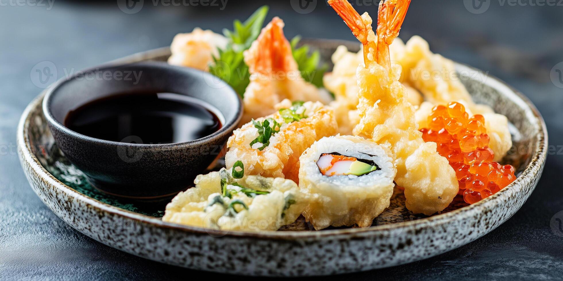 Close-up of assorted tempura on a ceramic plate with dipping sauce, culinary photography photo