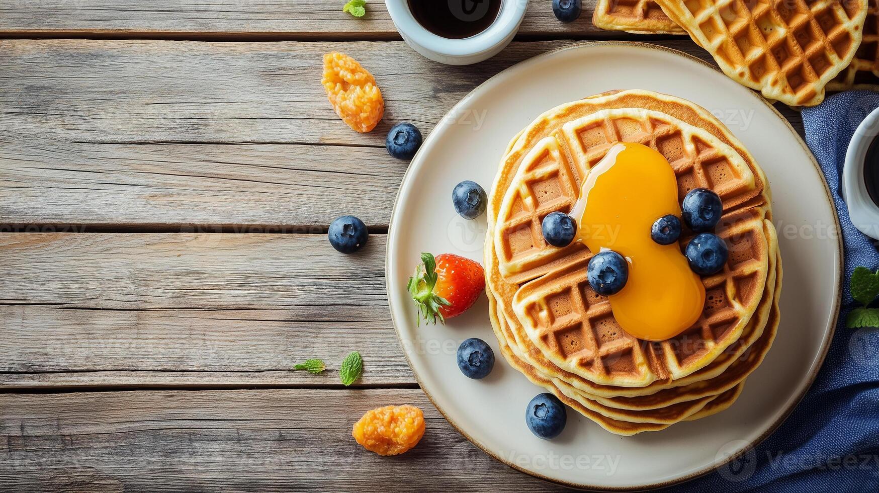 Dining table with stack of pancakes near serving of waffles, culinary photography photo
