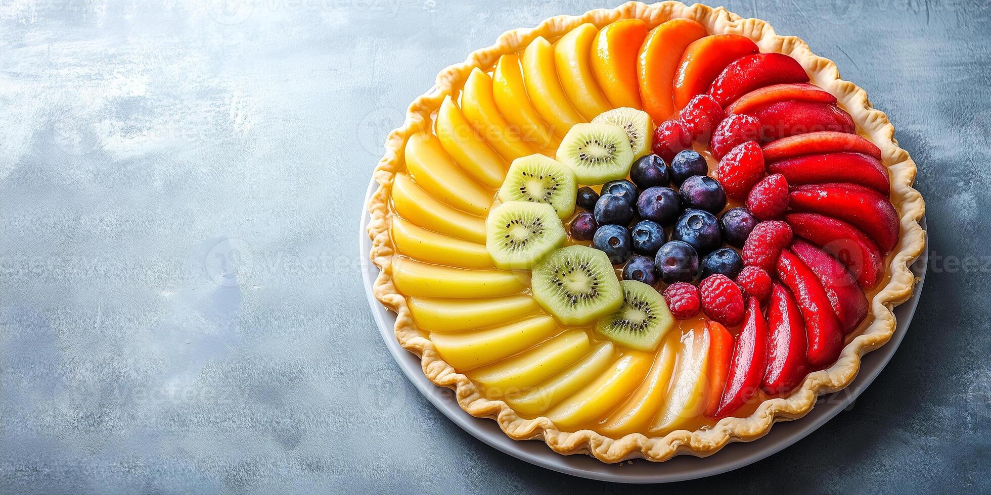 Flat pastry shell filled with layers of sliced fruit arranged in a decorative pattern, culinary photography photo