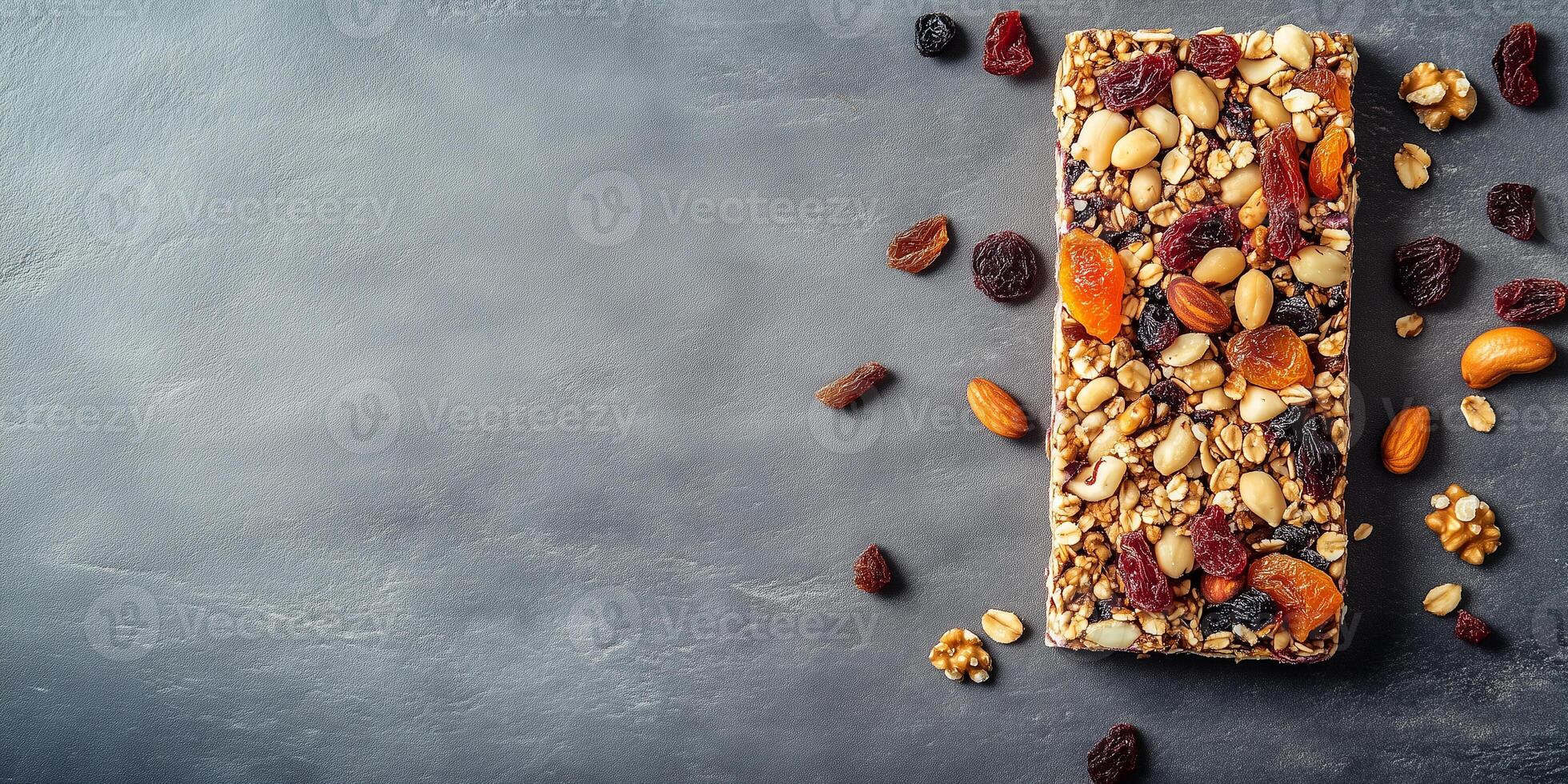 Fruit and nut bar with dried fruits and nuts on a flat surface, food photography photo