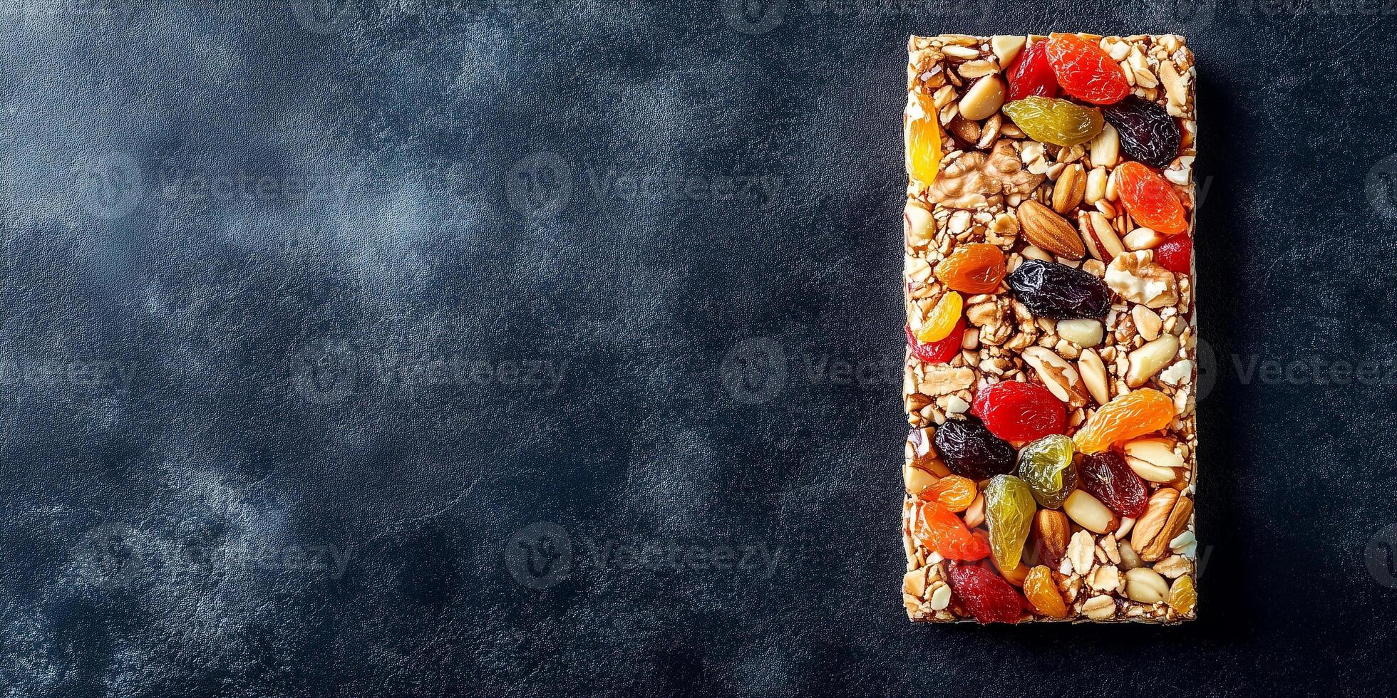 Fruit and nut bar with dried fruits and nuts on a flat surface, culinary photography photo