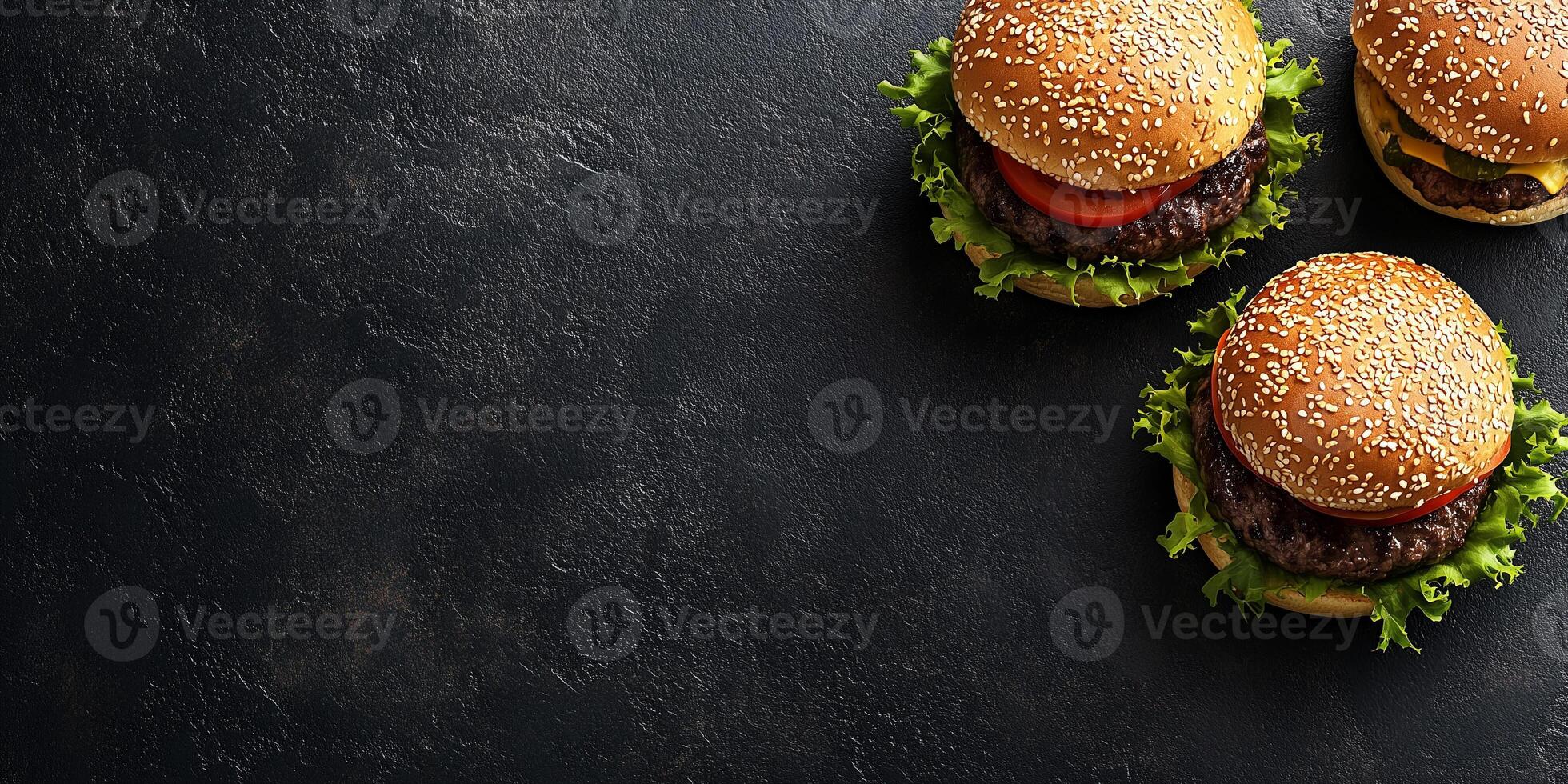 Gourmet burger with various fillings, placed horizontally on a clean surface, food photography photo