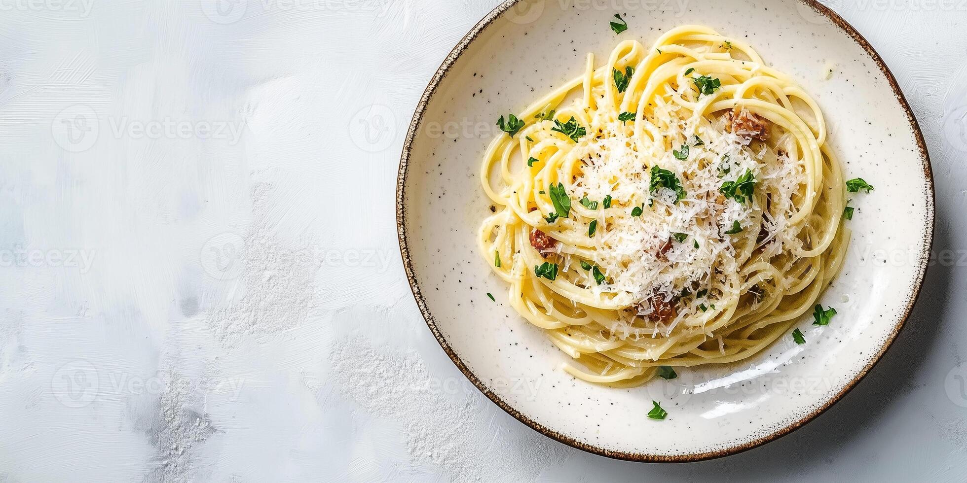 Spaghetti carbonara with grated cheese and herbs on a plain round plate, food photography photo