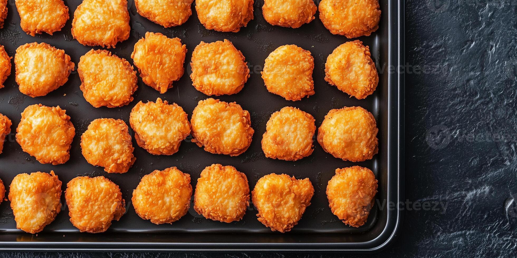 Serving tray with nuggets, arranged in neat rows, culinary photography photo