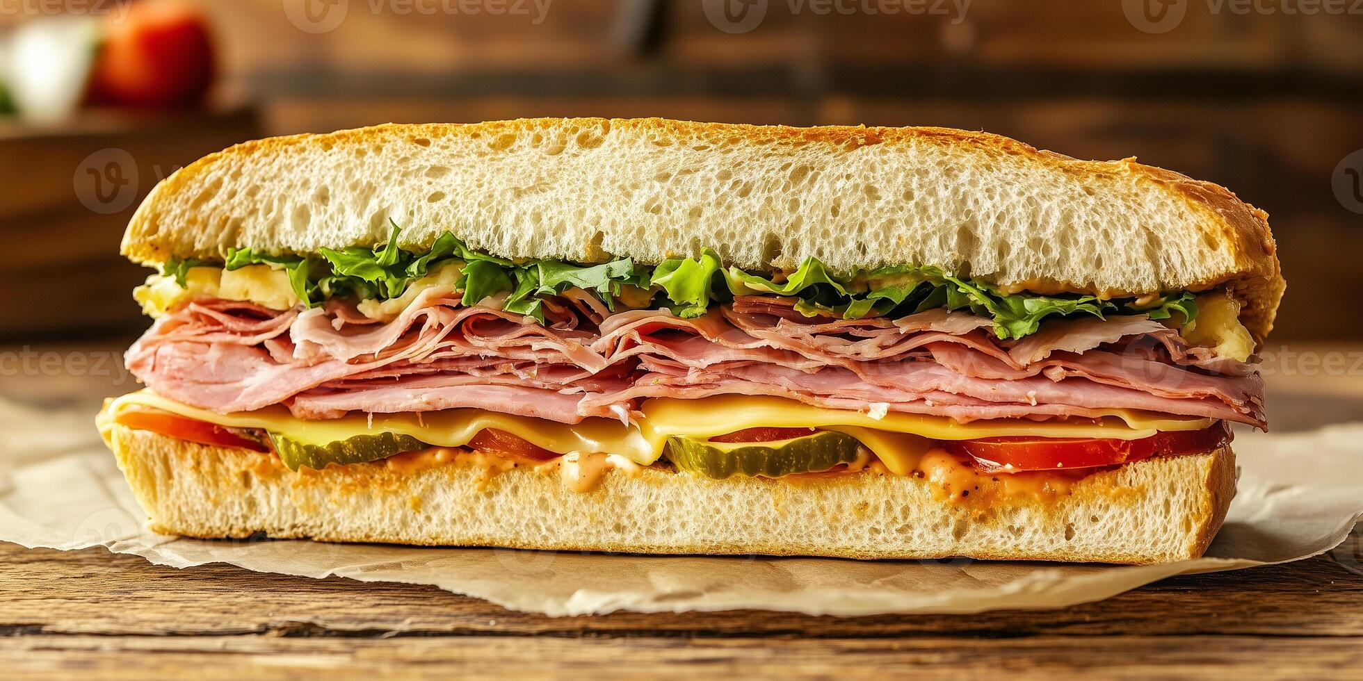 Sub sandwich cut in half, revealing even layers of meat, cheese, and vegetables inside, culinary photography photo