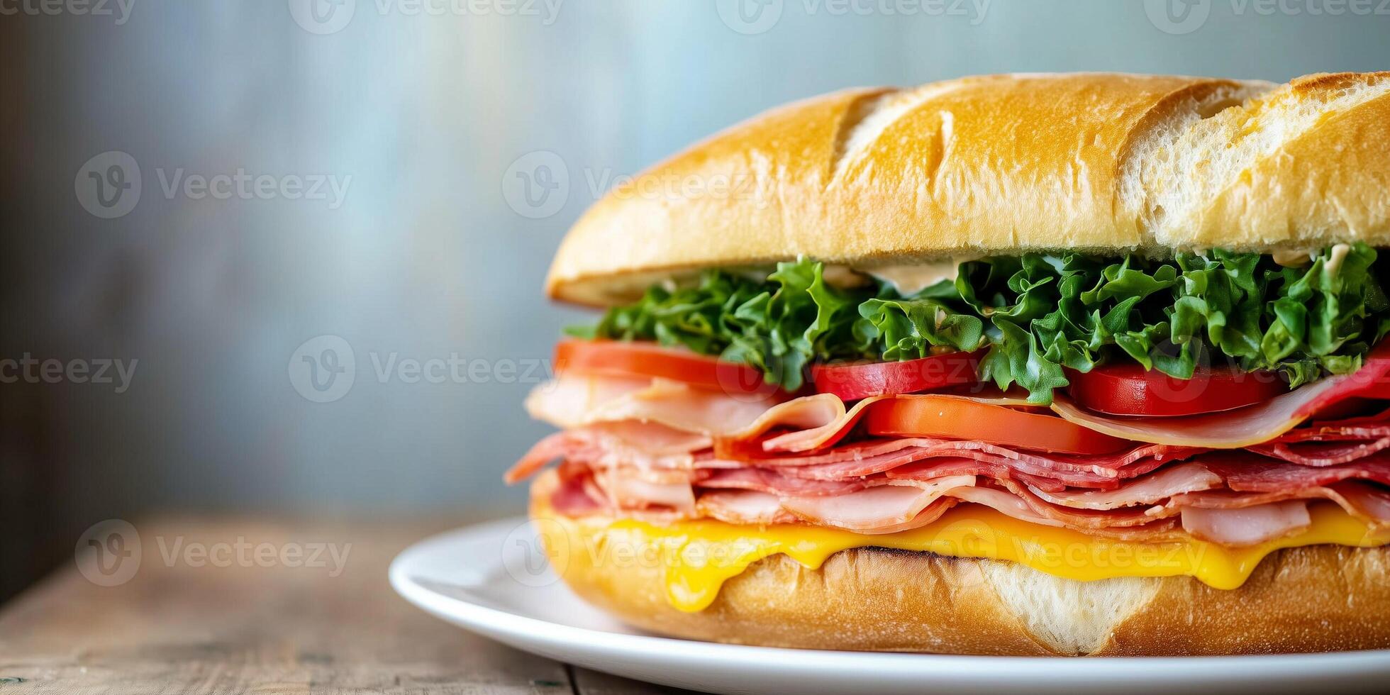 Sub sandwich on a plate, filled with layers of meat, cheese, and vegetables, food photography photo