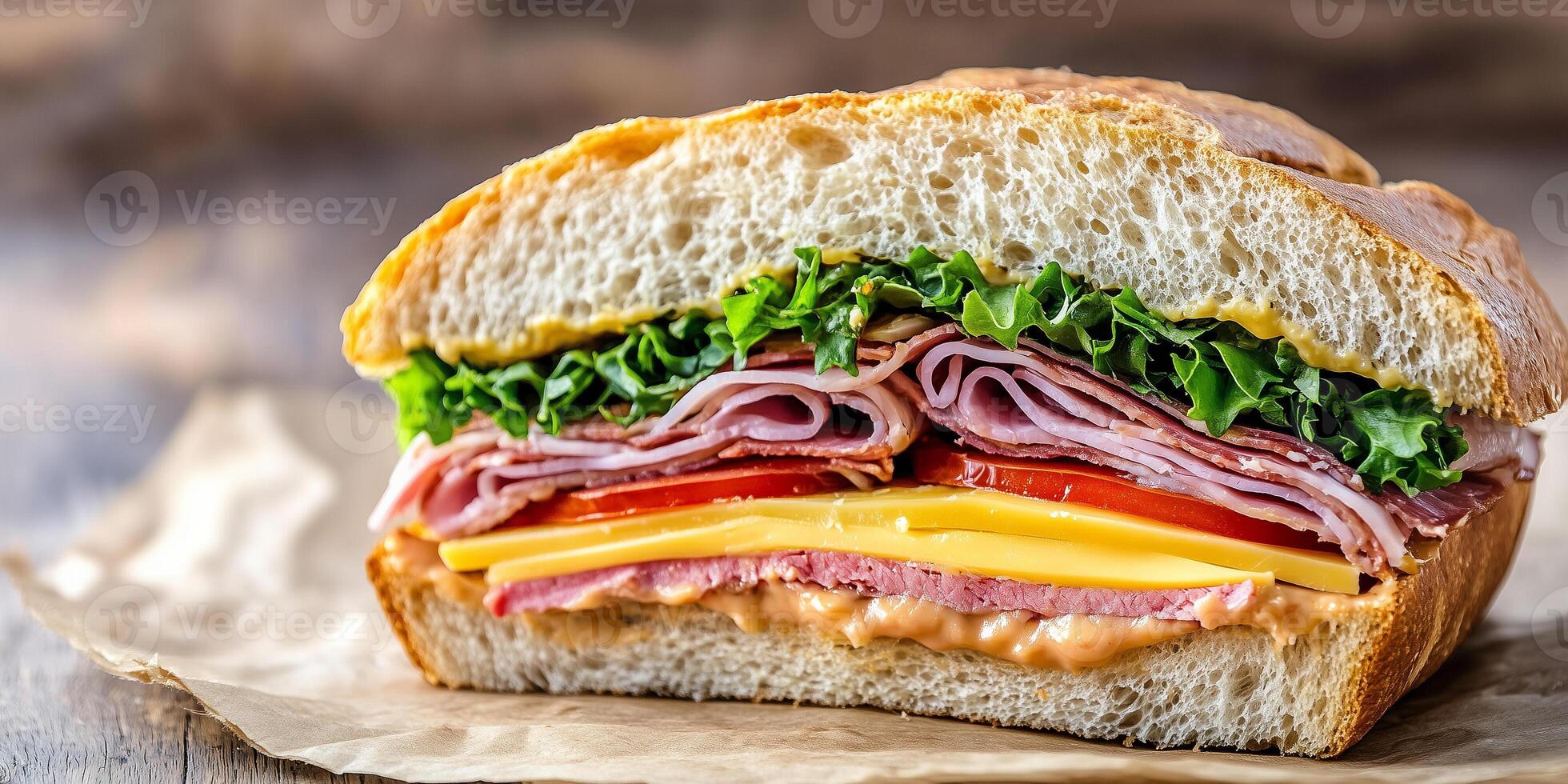 Sub sandwich cut in half, revealing even layers of meat, cheese, and vegetables inside, food photography photo