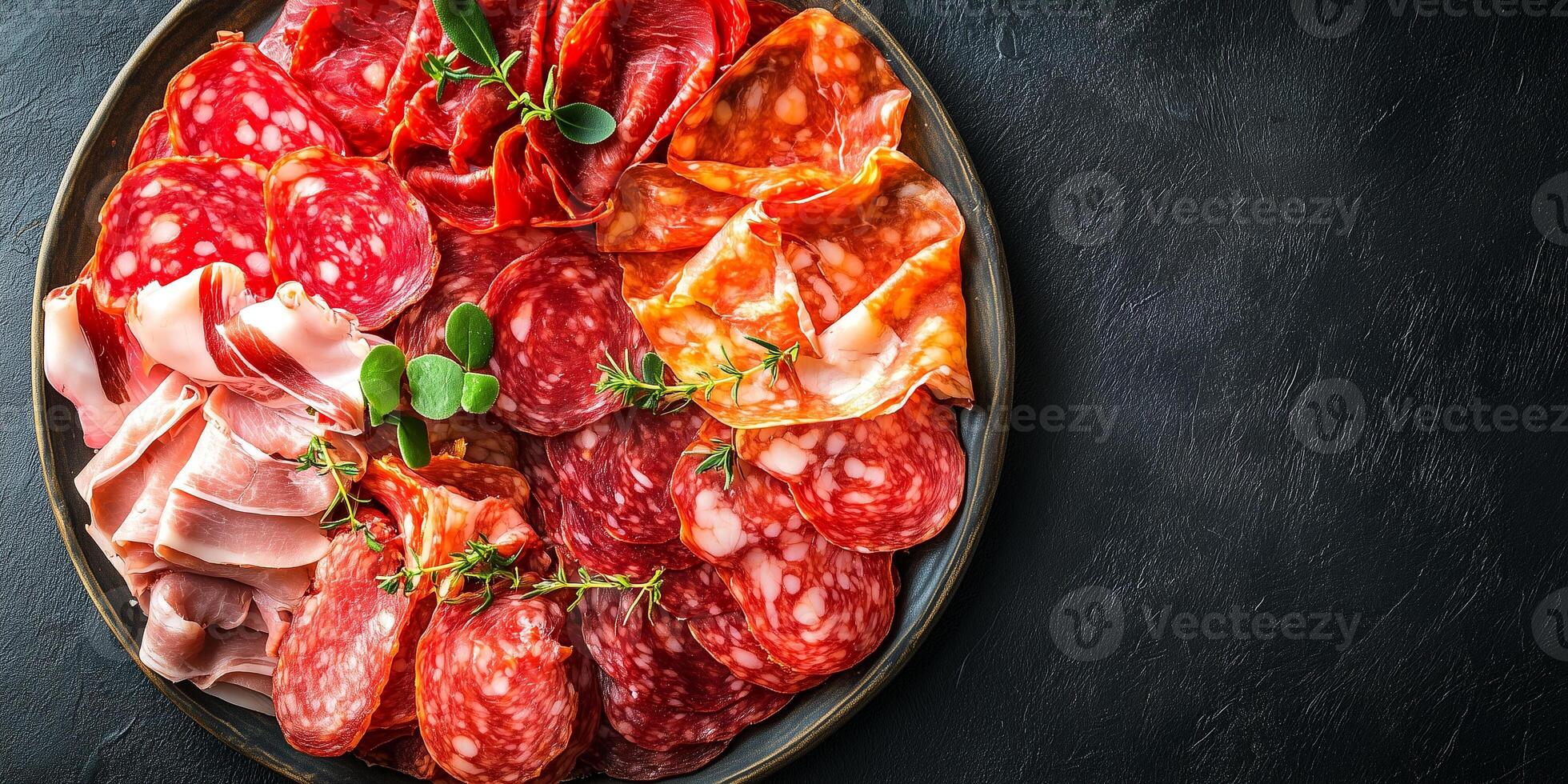 Assortment of cured meats positioned symmetrically on a large dish, culinary photography photo