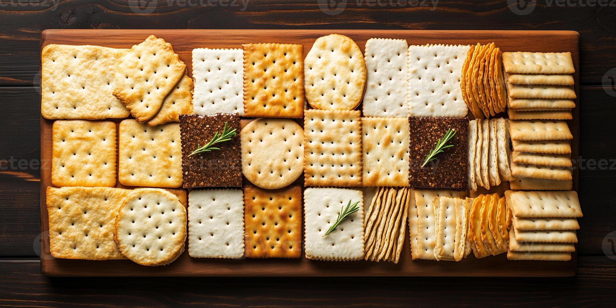Crackers arranged evenly on a rectangular serving board, culinary photography photo