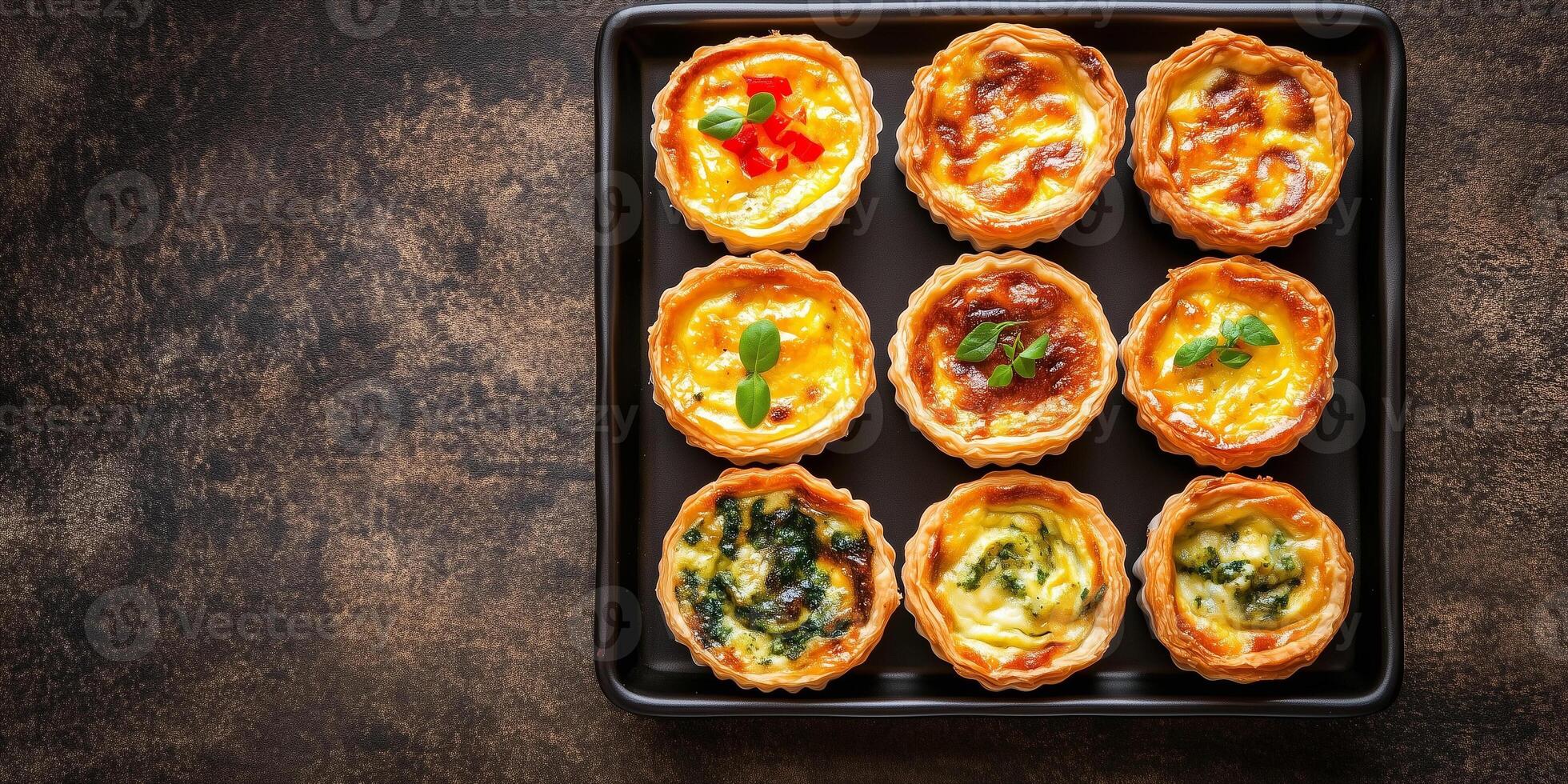 Mini quiches positioned evenly on a rectangular plate, food photography photo