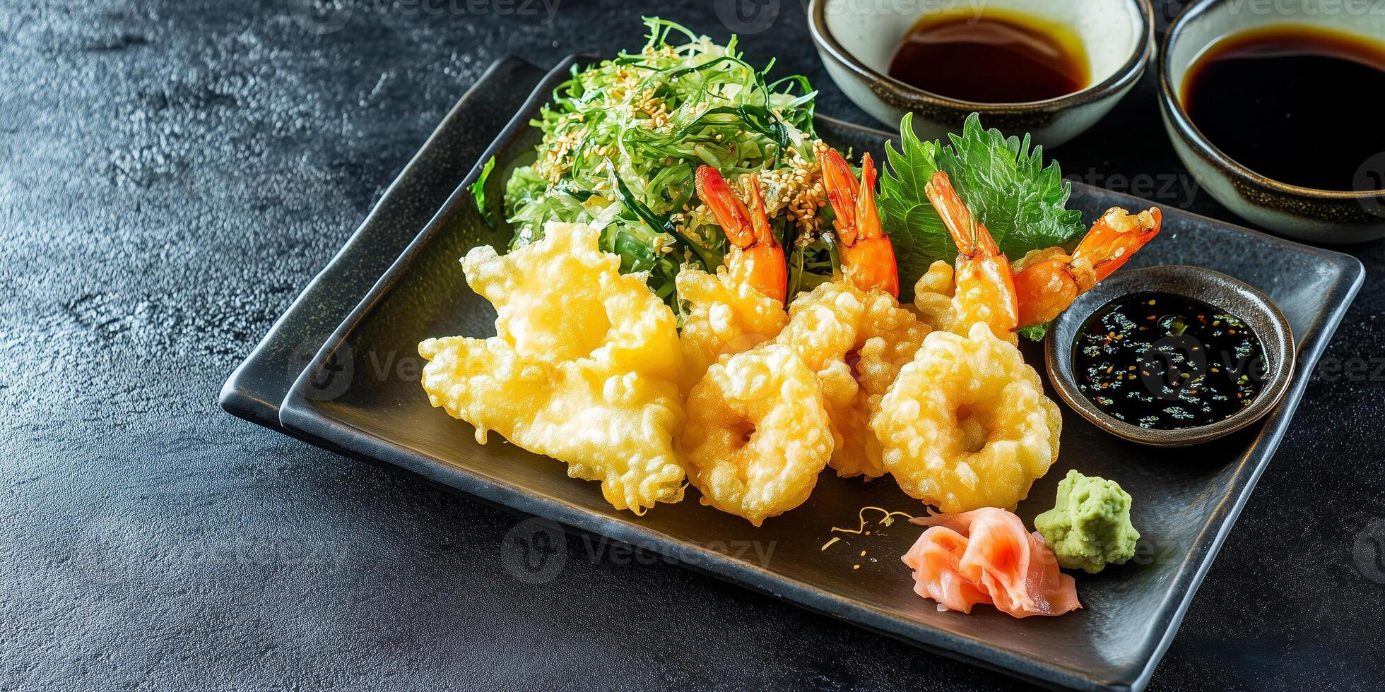 Assortment of tempura vegetables and seafood on a rectangular plate with sauce, culinary photography photo
