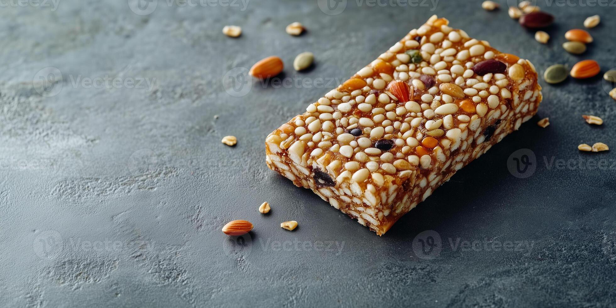 Energy bar with seeds and grains on a flat surface, culinary photography photo