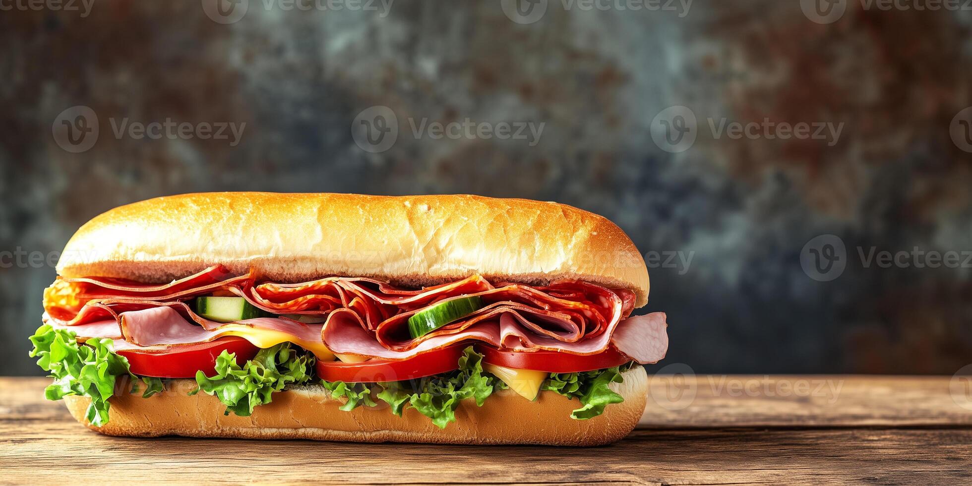 Italian sub partially open, showing combination of deli meats, cheese, and vegetables, food photography photo