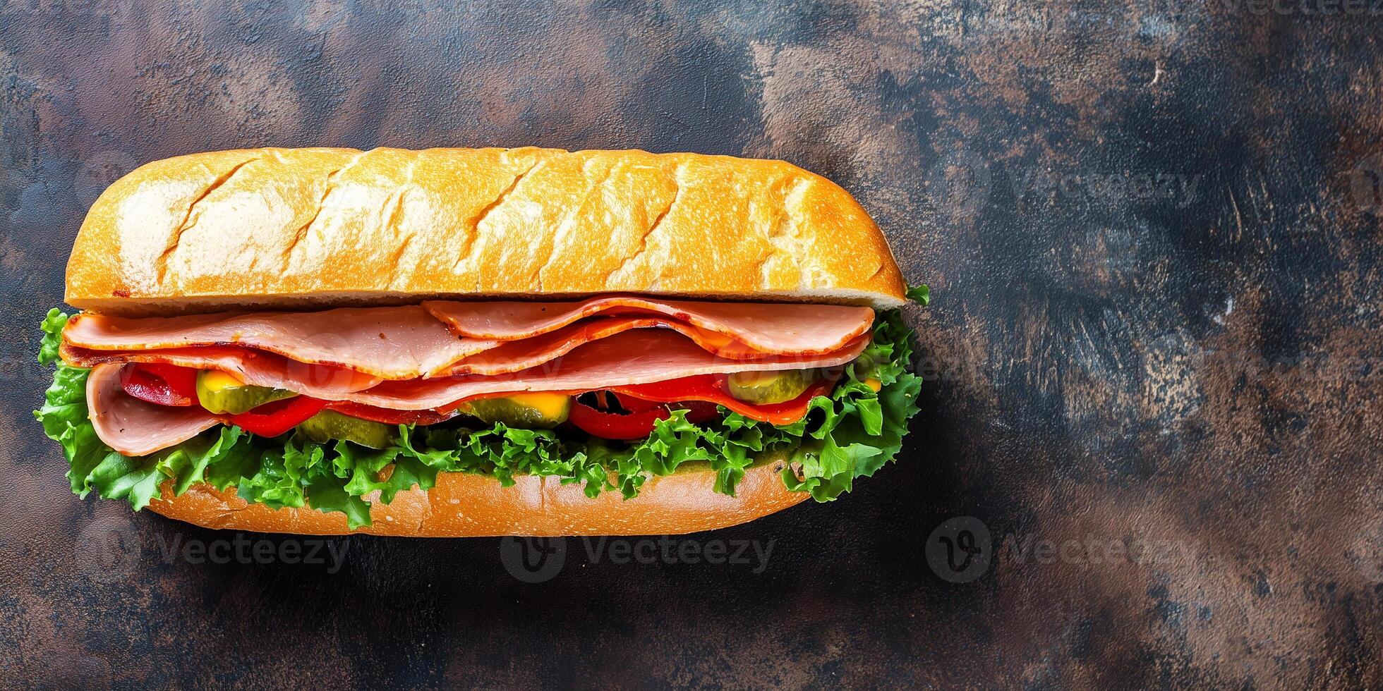 Overhead view of sub sandwich with visible layers of meat, cheese, and vegetables, food photography photo
