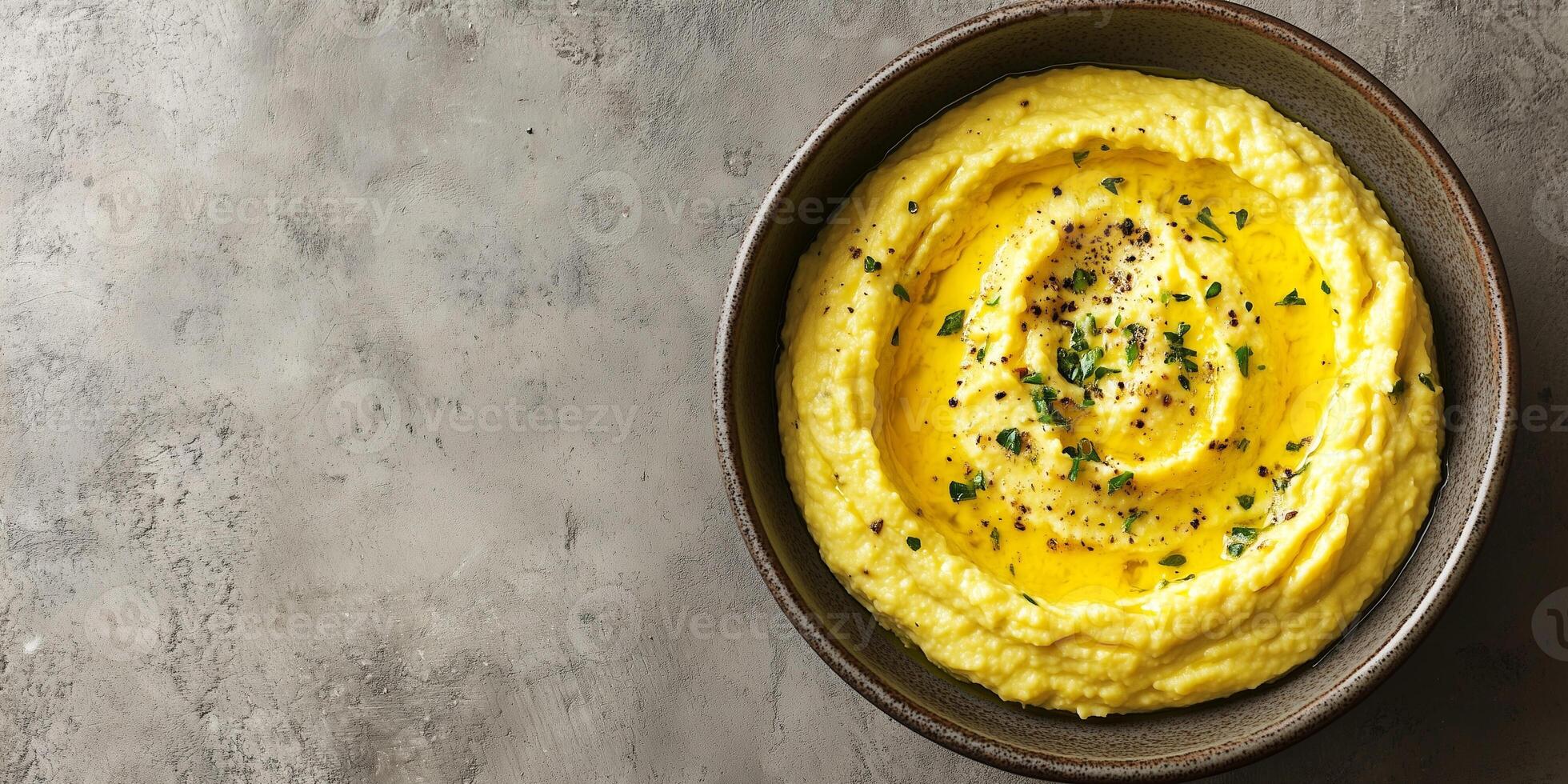 Dip in a wide, shallow bowl shown from above, with minimalistic presentation, food photography photo