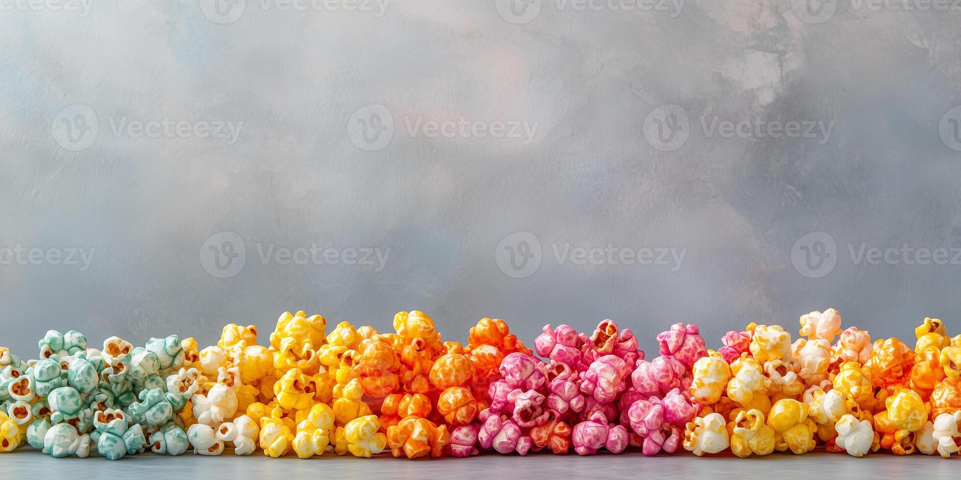 Flavored popcorn piled high, with coated popcorn arranged on a plain background, culinary photography photo