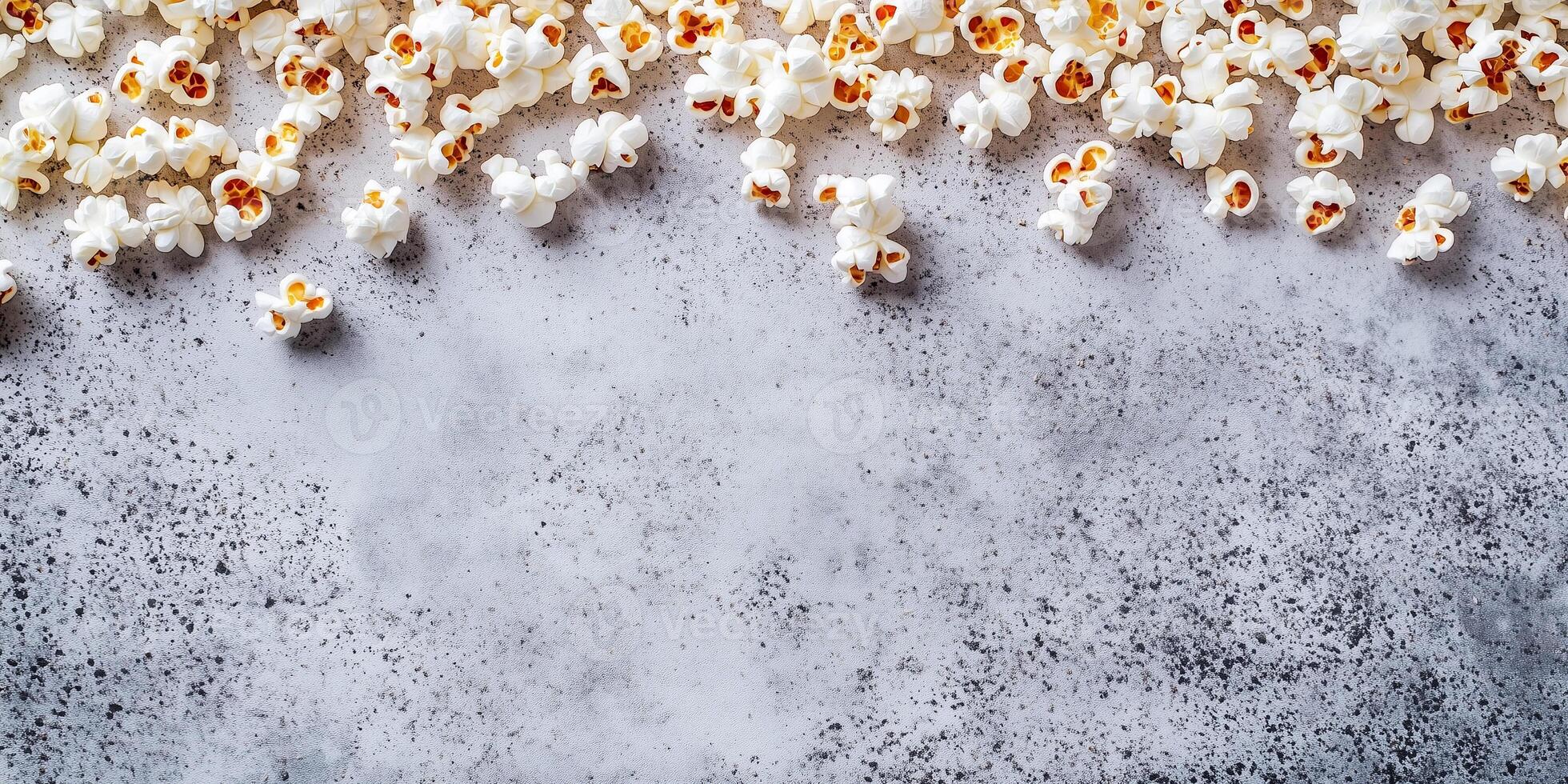 Flavored popcorn scattered on a flat surface, with popped kernels showing an even coating, food photography photo