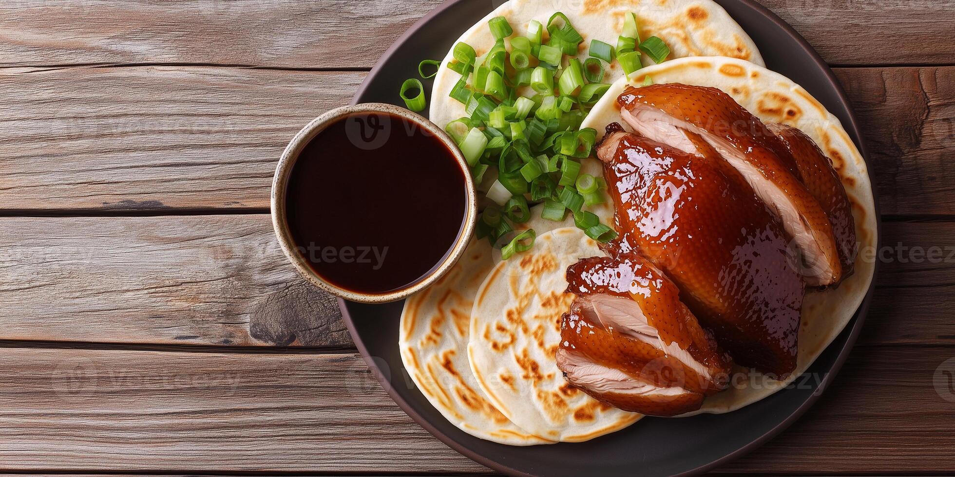 Peking duck with scallions and hoisin sauce, food photography photo