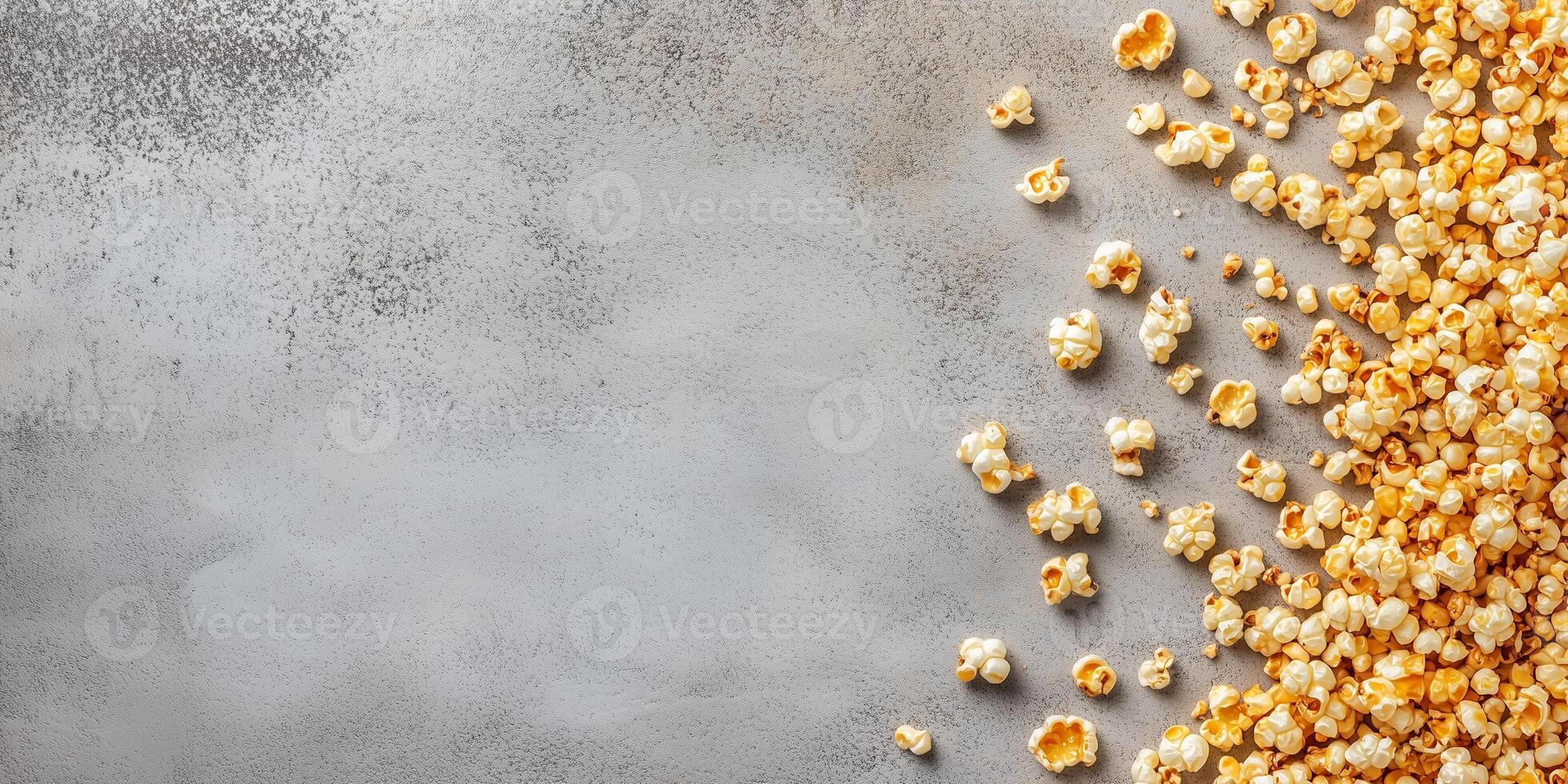 Kettle corn scattered on a flat surface, with popped kernels clearly visible, food photography photo