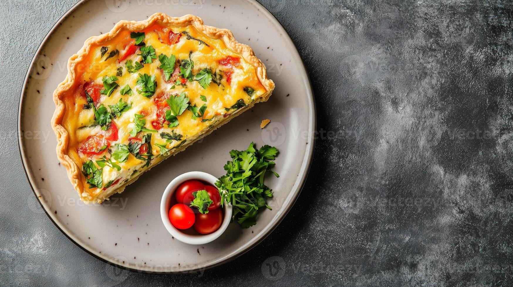 Quiche slice on a plate with a small bowl of garnish beside it, food photography photo