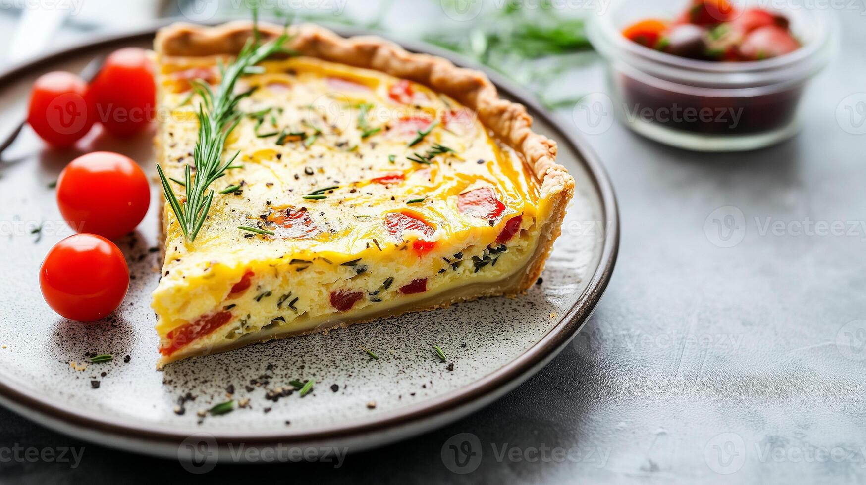 Quiche slice on a plate with a small bowl of garnish beside it, food photography photo