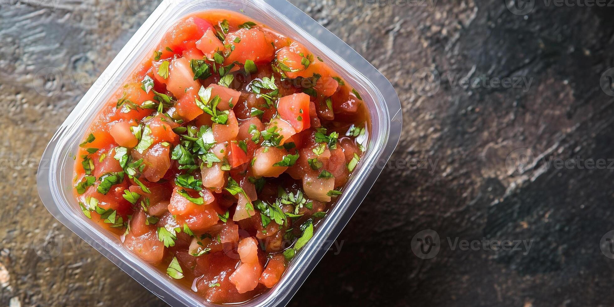 Salsa in a rectangular container, smooth texture, food photography photo