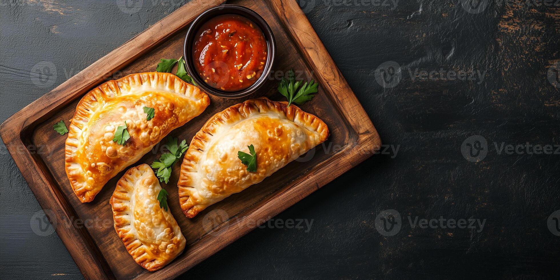 Two beef empanadas on a tray with a bowl of sauce, culinary photography photo