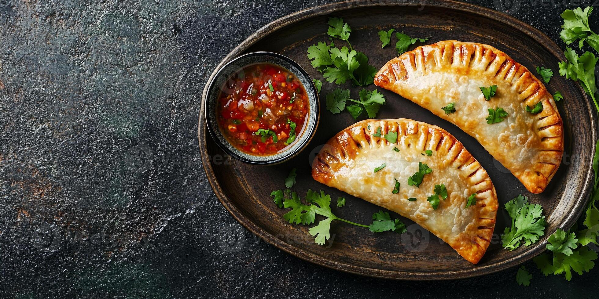 Two beef empanadas on a tray with a bowl of sauce, food photography photo