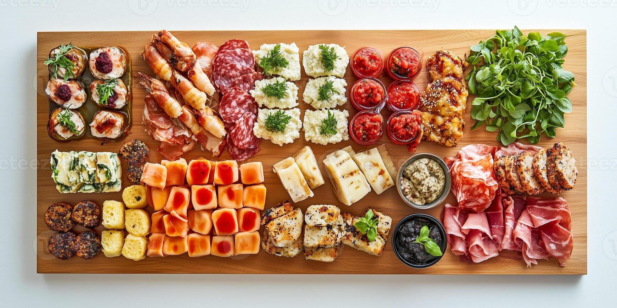 Small food items positioned in rows on square serving board, food photography photo