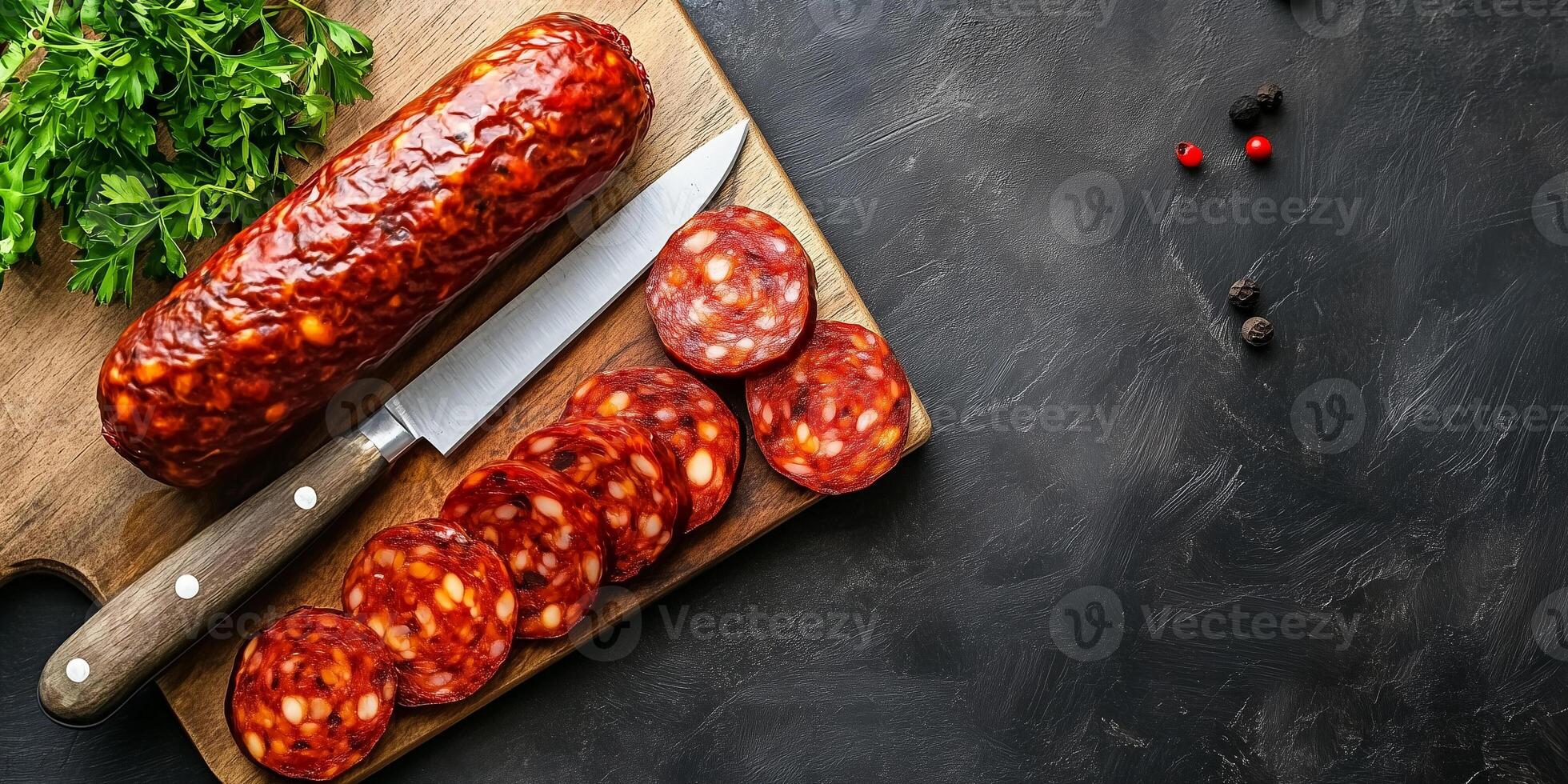 Whole chorizo and slices displayed with a knife on a cutting board, food photography photo