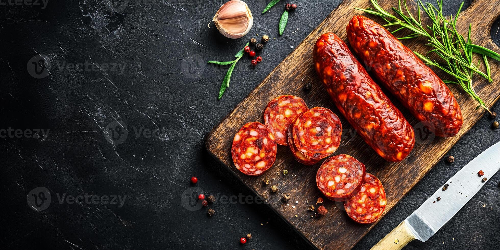 Whole chorizo and slices displayed with a knife on a cutting board, culinary photography photo