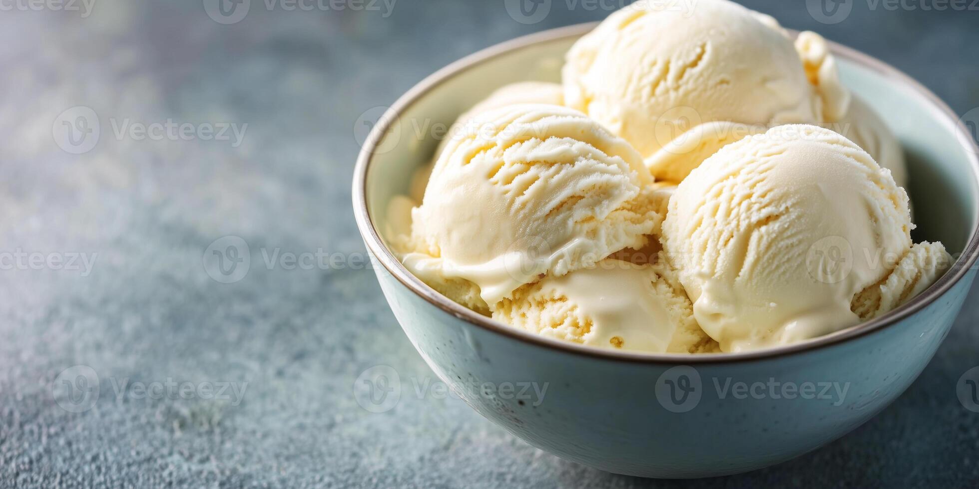 Bowl of ice cream with multiple scoops, melting slightly at the sides, gastronomy photography photo