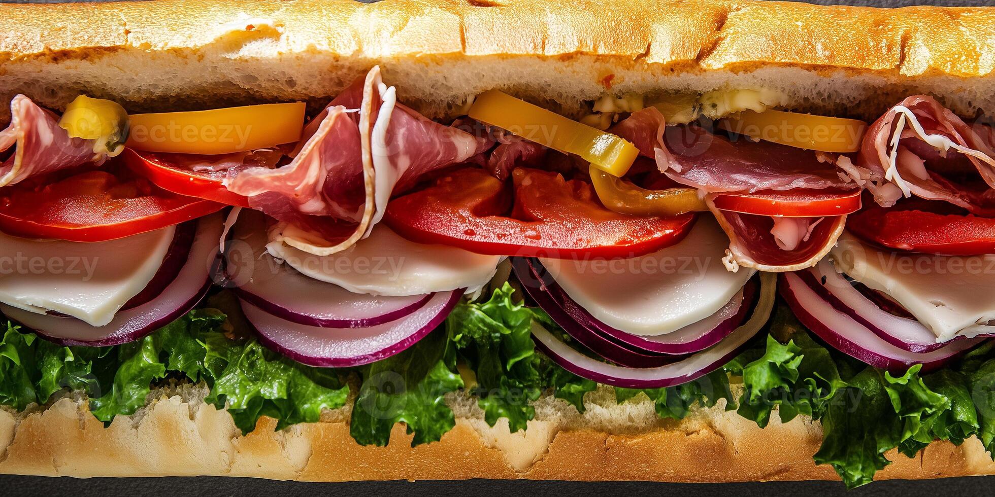 Close-up of Italian sub, showing layers of deli meat, cheese, and fresh vegetables, photorealistic food photo