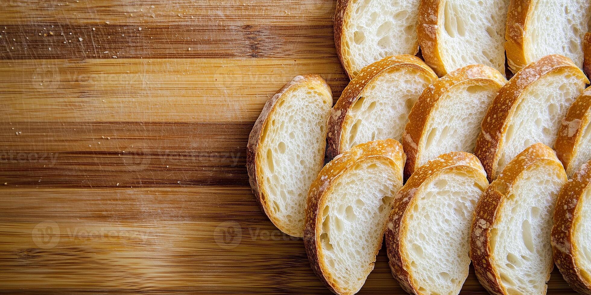 Close-up of baguette slices neatly arranged on wooden cutting board, photorealistic food photo