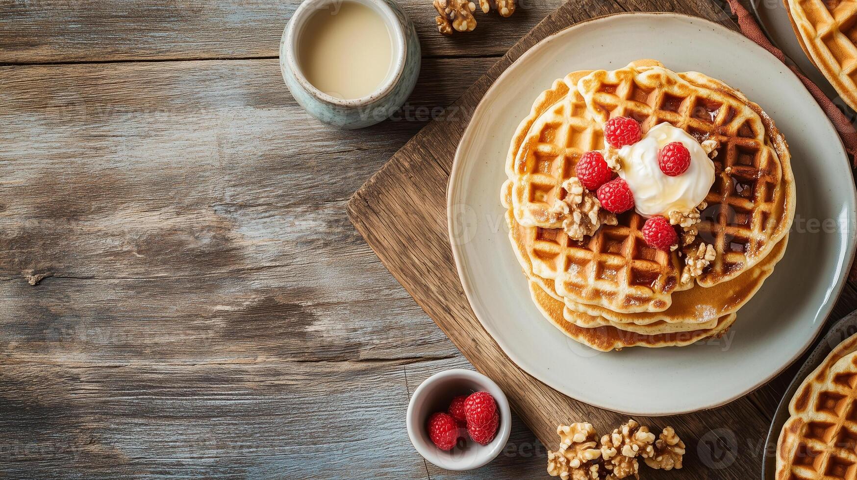 Dining table with stack of pancakes near serving of waffles, gastronomy photography photo