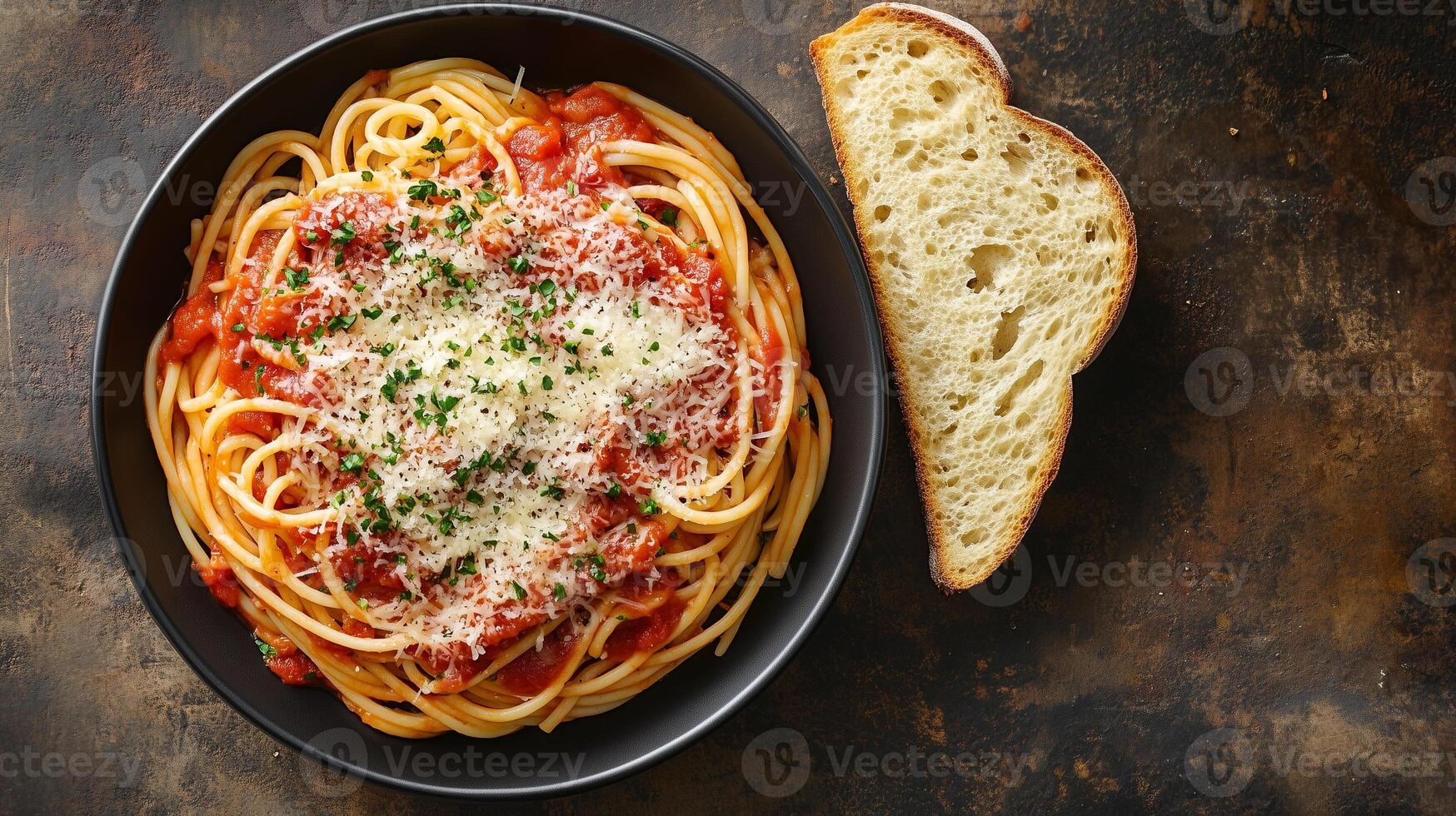 Dish of spaghetti topped with tomato sauce and grated cheese, served with garlic bread, photorealistic food photo