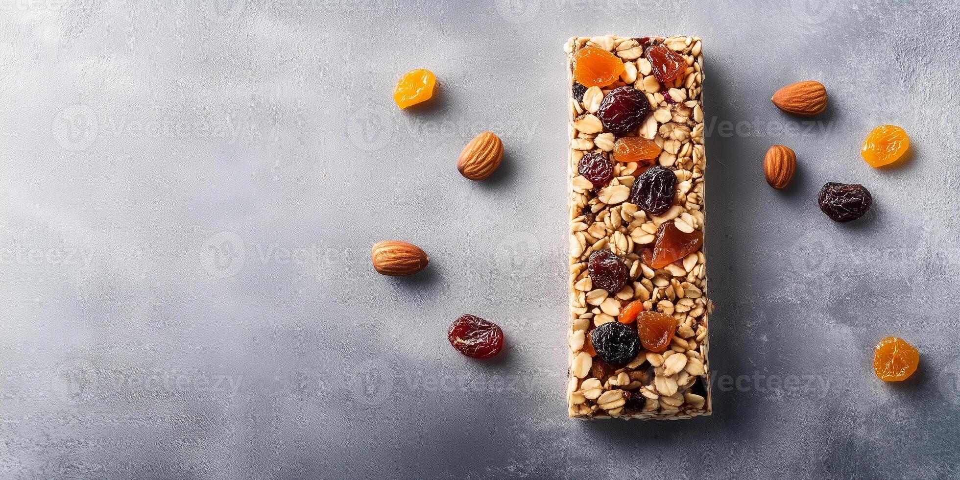 Fruit and nut bar with dried fruits and nuts on a flat surface, photorealistic food photo
