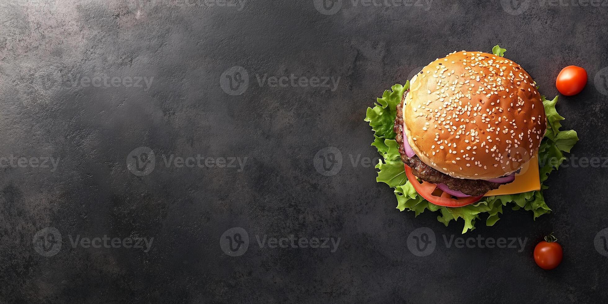 Gourmet burger with various fillings, placed horizontally on a clean surface, gastronomy photography photo