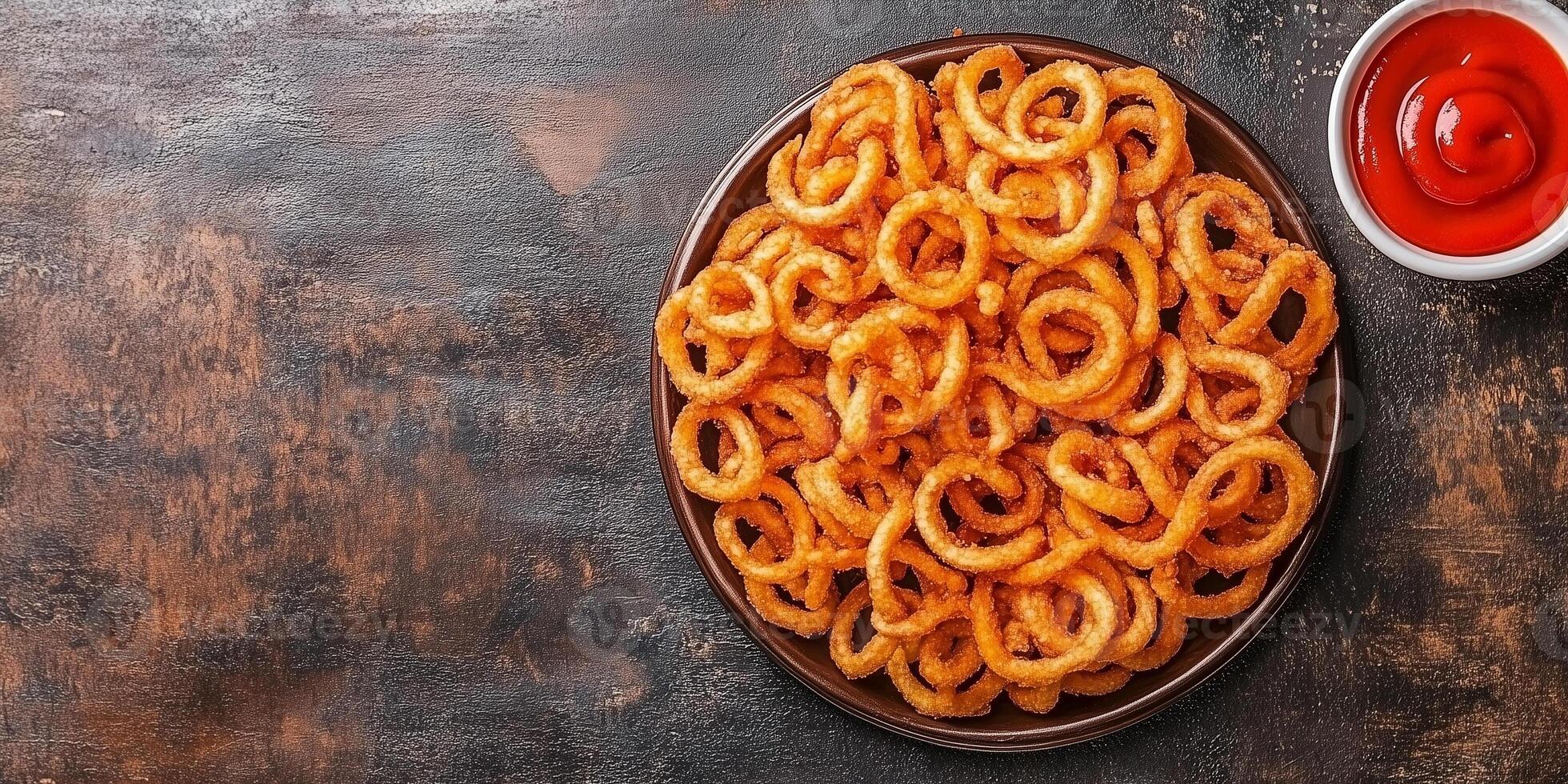 Pile of curly fries on serving tray, neatly arranged, gastronomy photography photo