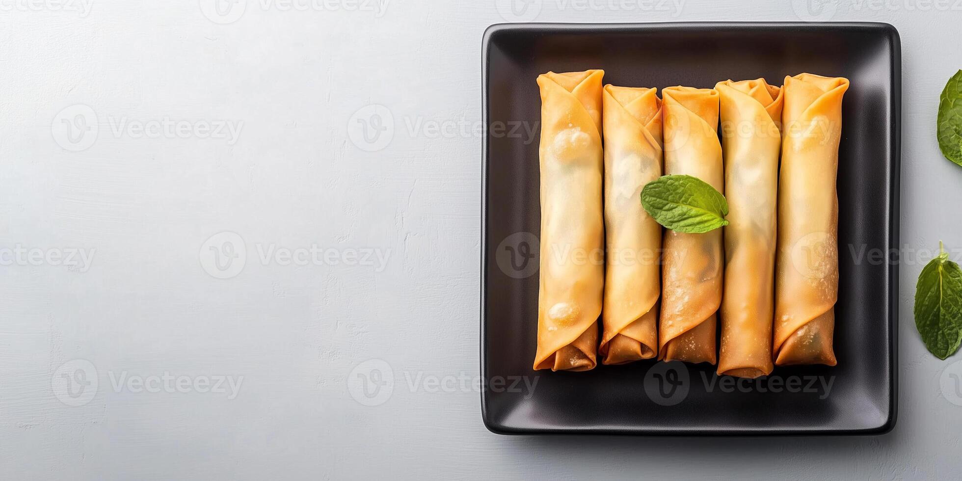 Spring rolls arranged evenly in a row on a rectangular plate, gastronomy photography photo