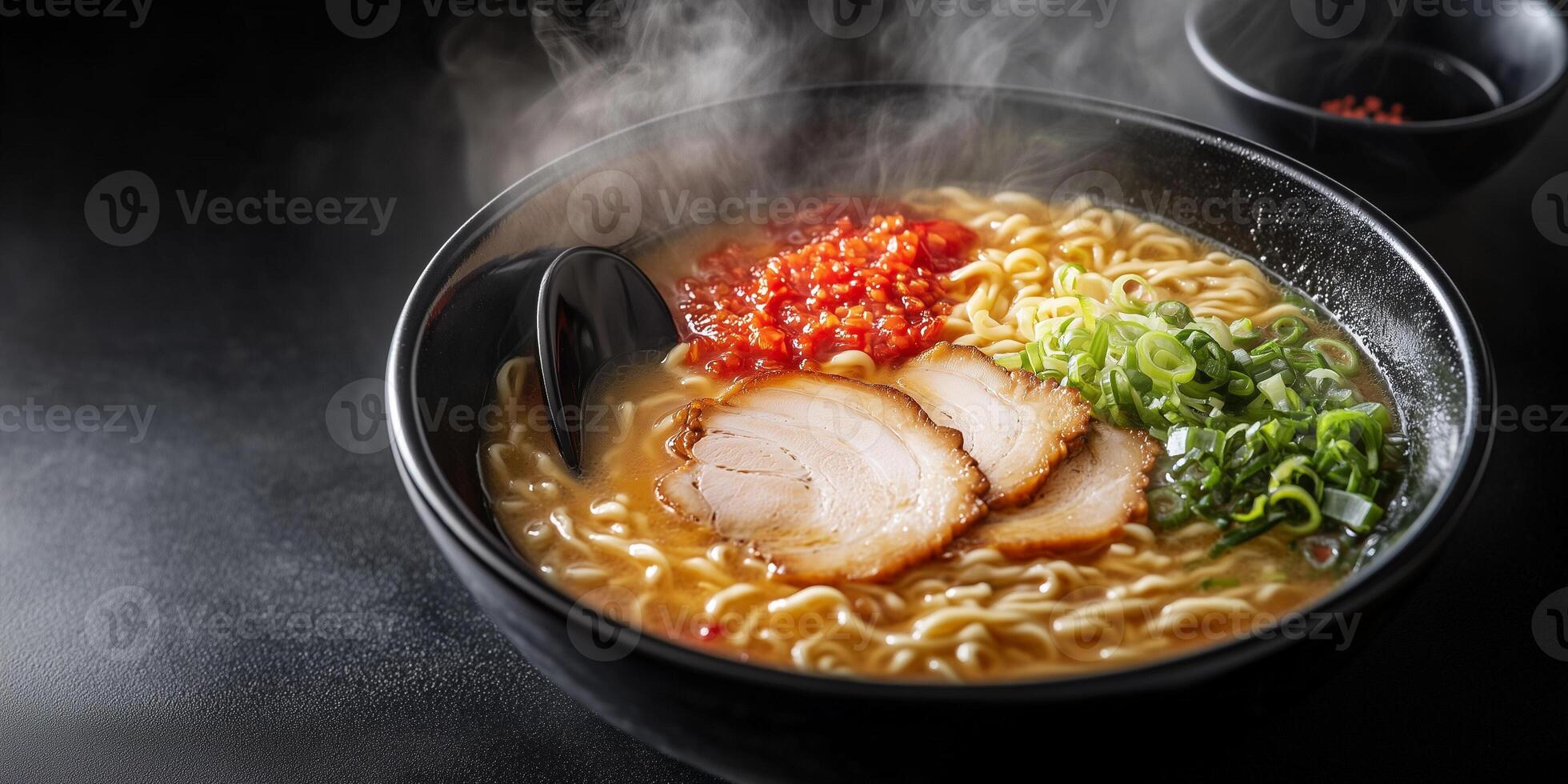 Steaming ramen bowl with broth, noodles, and toppings, with a spoon, photorealistic food photo