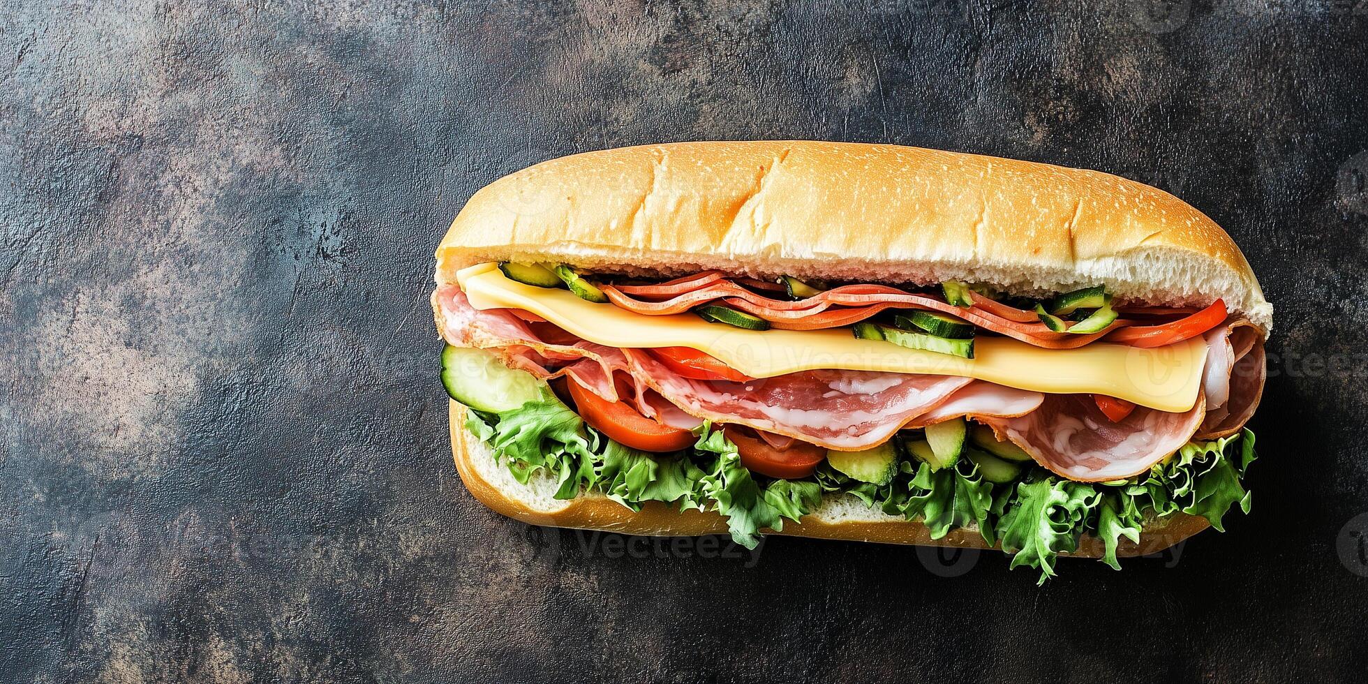 Sub sandwich with layers of meat, cheese, and vegetables on a flat surface, gastronomy photography photo