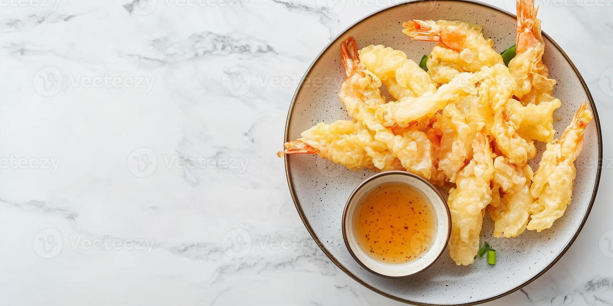 Top view of tempura pieces on a plate, with a small dipping sauce bowl, photorealistic food photo